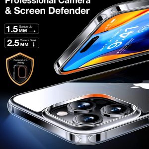 Étuis Torras Diamond Clear pour iPhone 15 Pro démontrant une lèvre d'écran de 1,5 mm et une protection de rebord de caméra de 2,5 mm, avec deux appareils équipés de l'étui transparent.