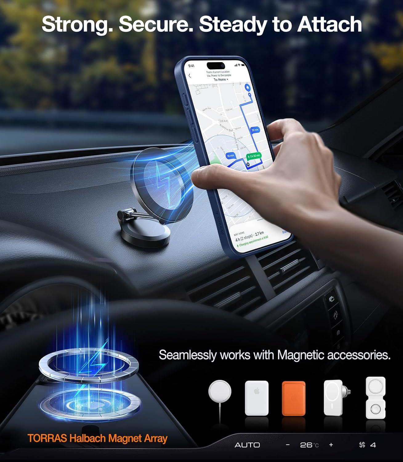 Coque Torras Bleu Marine pour iPhone 15 Pro Max sur Tableau de Bord de Voiture avec MagSafe
