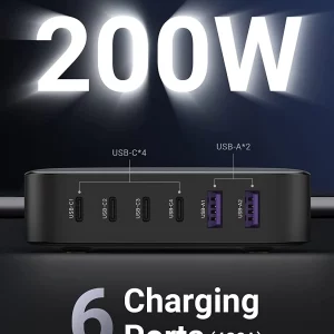 Chargeur rapide 200W avec 6 ports (USB-C et USB-A)