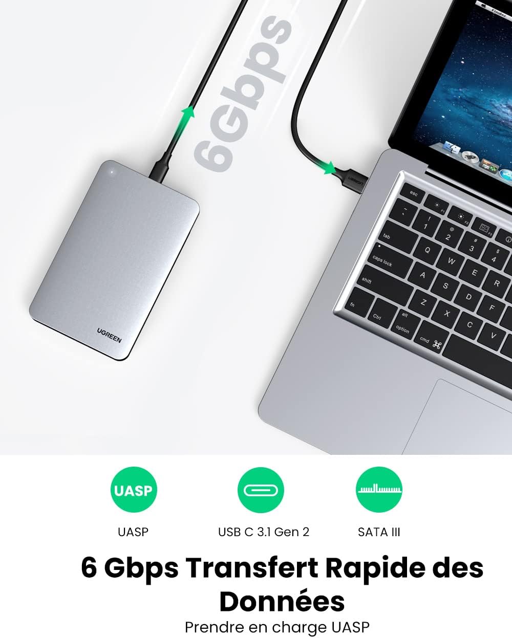 Boitier 2,5 Pouces pour Disque Dur externe SATA III II I HDD SSD, avec Câble USB A vers USB-C – UGREEN 3