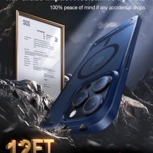 Coque Torras Pstand bleu marine pour iPhone 15 Pro, résistance aux chocs certifiée par SGS, avec MagSafe et béquille.
