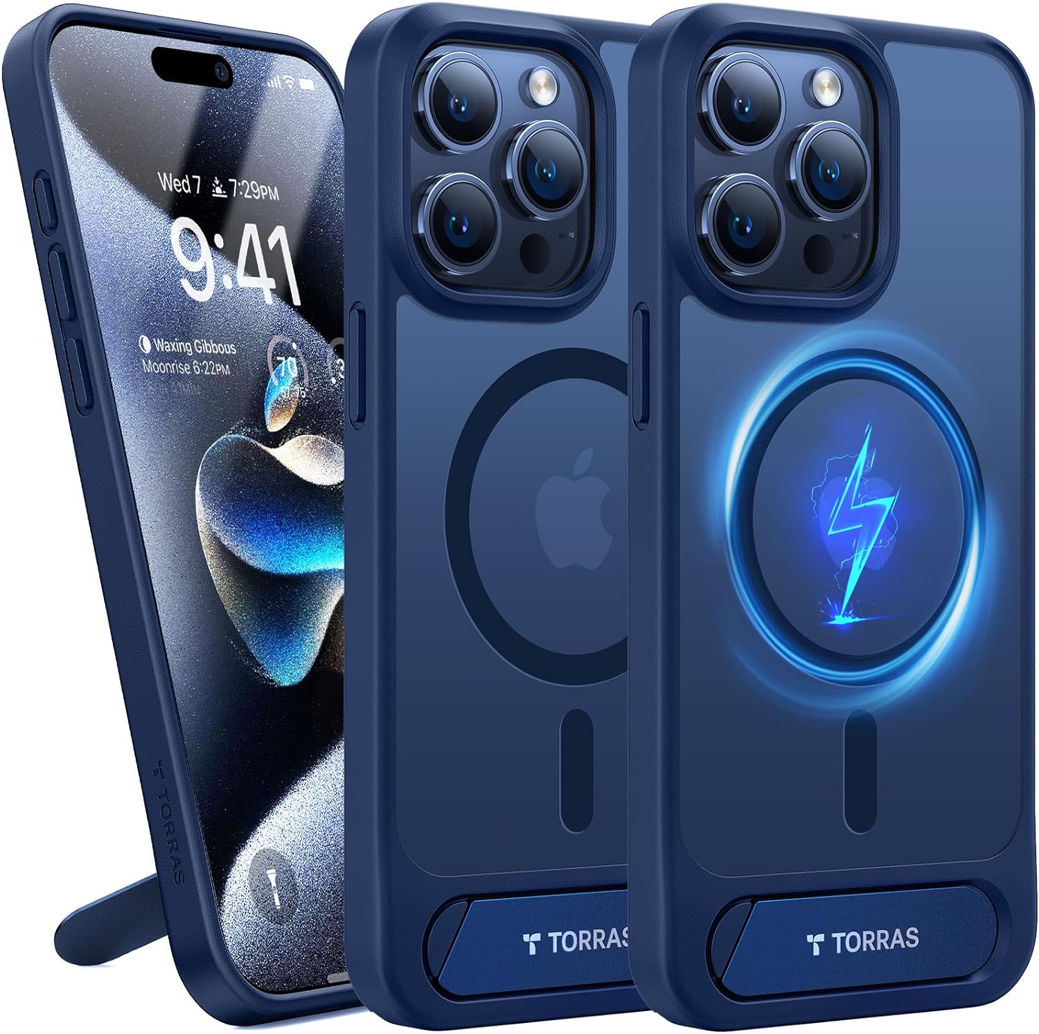 Trois coques Torras bleu marine pour téléphone; une de face inclinée de 20 degrés avec béquille visible, les deux autres de dos avec béquille rentrée, symbole MagSafe et objectifs de caméra visibles.