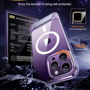 Coque Torras Pstand violette pour iPhone 15 Pro avec technologie brevetée d'airbags pour caméra, résistante aux chutes, testée militairement à 10 pieds.
