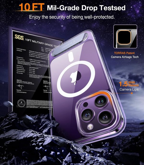 Coque Torras Pstand violette pour iPhone 15 Pro avec technologie brevetée d'airbags pour caméra, résistante aux chutes, testée militairement à 10 pieds.