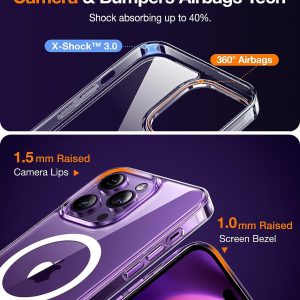 Protection avancée avec la coque Torras Pstand pour iPhone 15 Pro, montrant la technologie d'airbags et des bords surélevés pour caméra et écran.