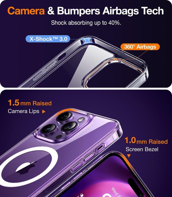Protection avancée avec la coque Torras Pstand pour iPhone 15 Pro, montrant la technologie d'airbags et des bords surélevés pour caméra et écran.