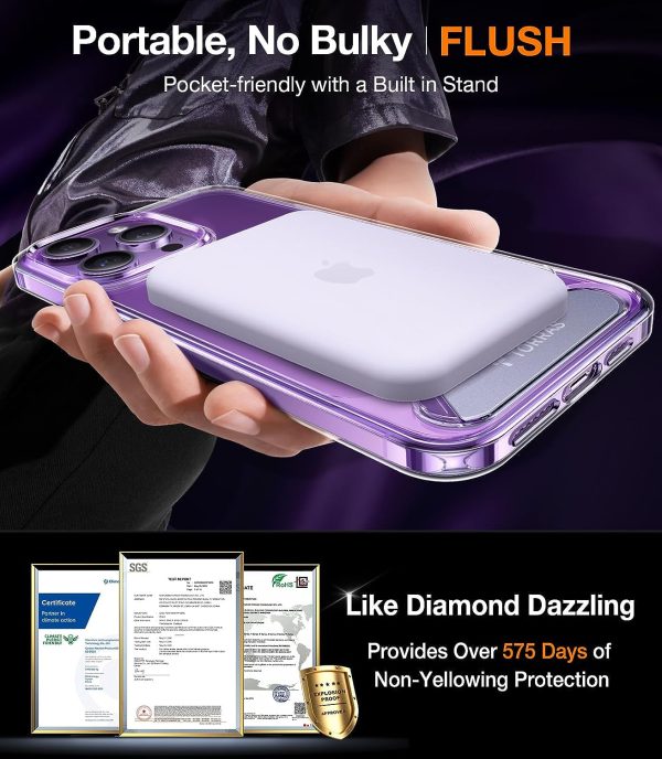 La coque transparente Torras Pstand pour iPhone 15 Pro avec détails de la technologie d'airbags X-Shock 3.0 et contours surélevés pour la protection de la caméra.