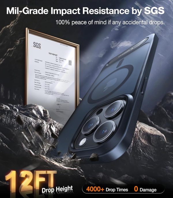 Coque Torras Pstand pour iPhone 15 Pro noire testée pour la résistance aux chocs par SGS, affichant une hauteur de chute de 12 pieds sans dommage.