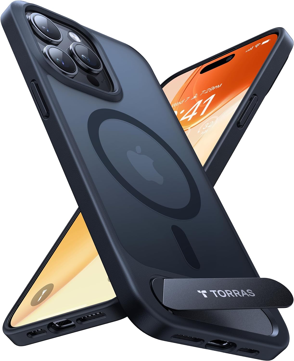 iPhone 15 Pro noir avec coque Torras Pstand, mise en valeur par sa béquille intégrée et la compatibilité MagSafe, sur un fond uni.