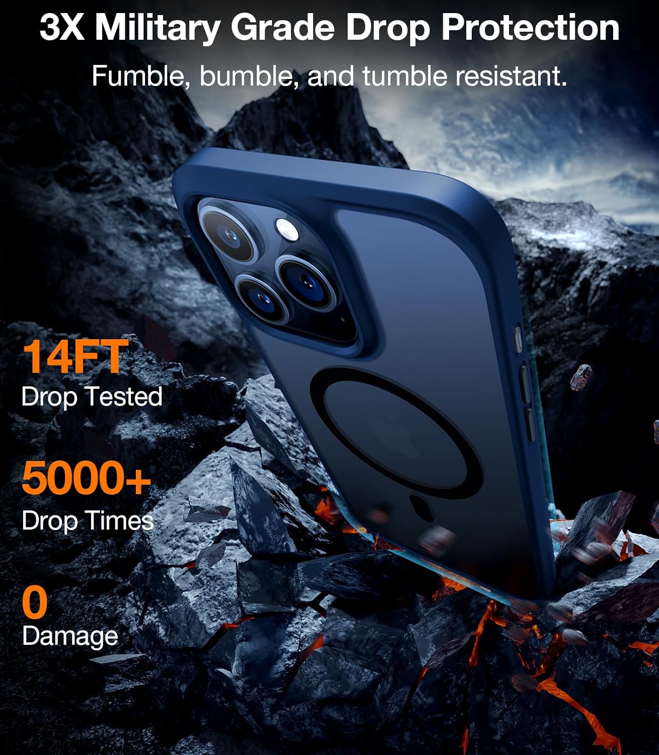Coque Torras Guardian Series Bleue Marine pour iPhone 15 Pro Max avec Magsafe sur Fond de Roche Volcanique