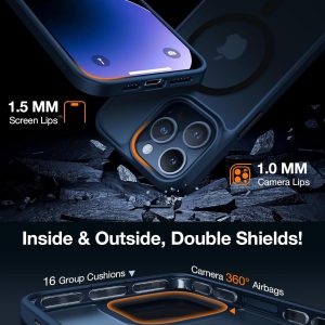 Deux coques Torras bleu marine pour iPhone; une montrant l'arrière, inclinée à 45 degrés et penchée de 15 degrés sur roche volcanique bleutée, l'autre révélant l'avant du téléphone, superposée et inclinée à 160 degrés.