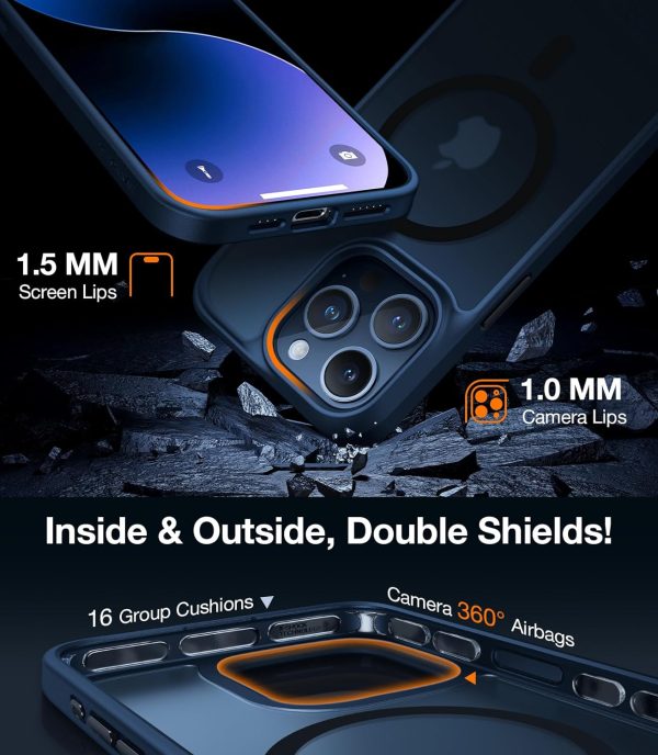 Deux coques Torras bleu marine pour iPhone; une montrant l'arrière, inclinée à 45 degrés et penchée de 15 degrés sur roche volcanique bleutée, l'autre révélant l'avant du téléphone, superposée et inclinée à 160 degrés.