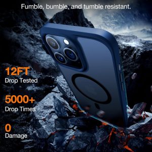 Coque Torras Guardian Series pour iPhone 15 Pro bleu marine, testée pour des chutes de 12 pieds, résistante et robuste sans aucun dommage.
