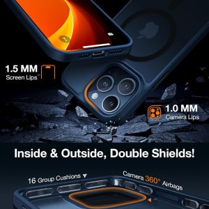 Coque de protection Torras Guardian Series pour iPhone 15 Pro, montrant des rebords renforcés et des airbags pour écran et caméra.