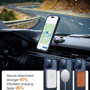 iPhone 15 Pro monté dans une voiture avec coque Torras Guardian Series, affichant la navigation et la charge Magsafe rapide.