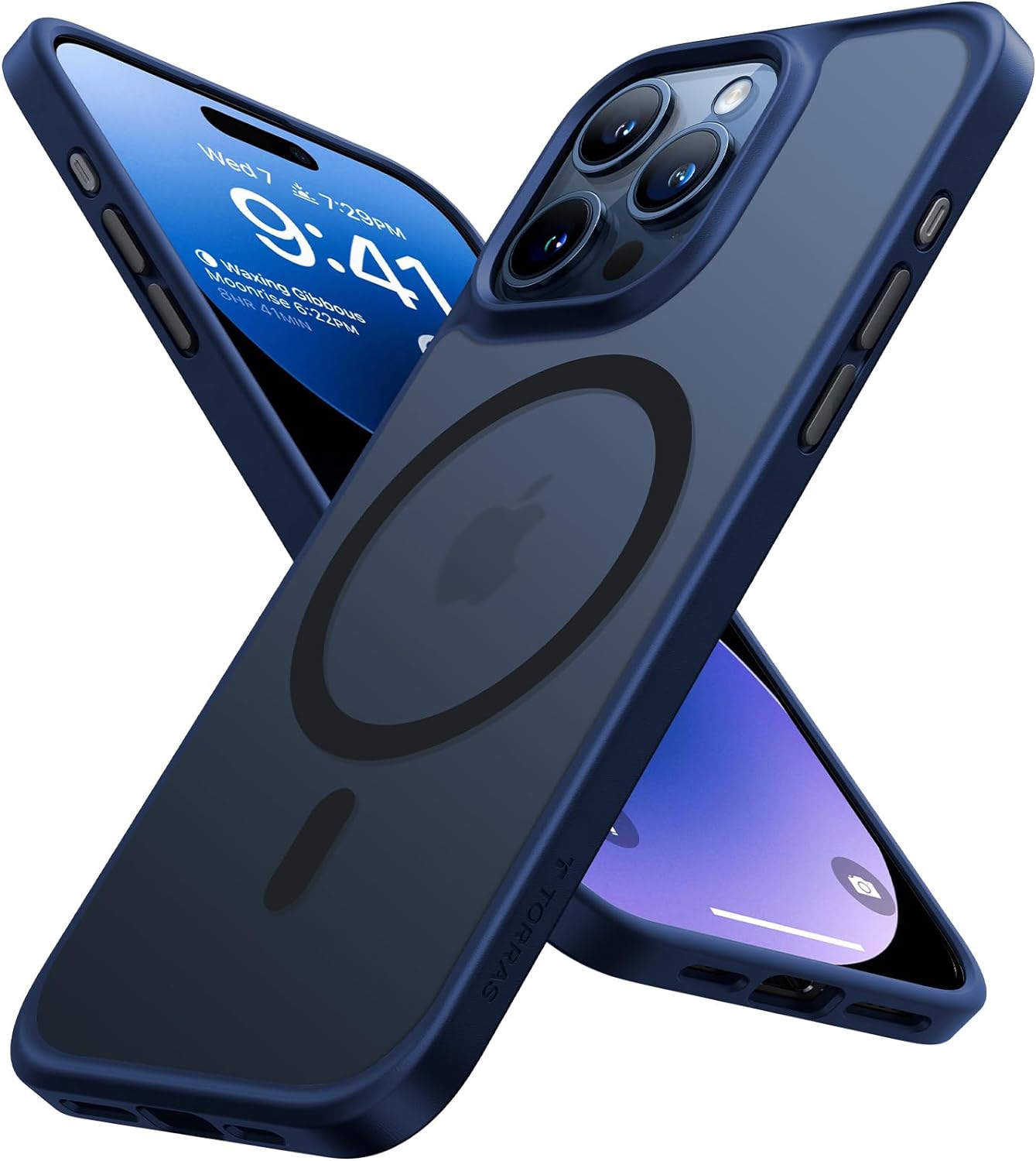 Phone 15 Pro bleu marine avec coque Torras Guardian mate, illustrant la compatibilité Magsafe et l'antichoc.