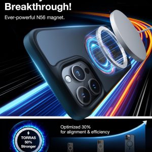 iPhone 15 Pro avec coque Torras Guardian noire et Magsafe, montrant la force du puissant aimant N56 et l'optimisation de l'alignement.