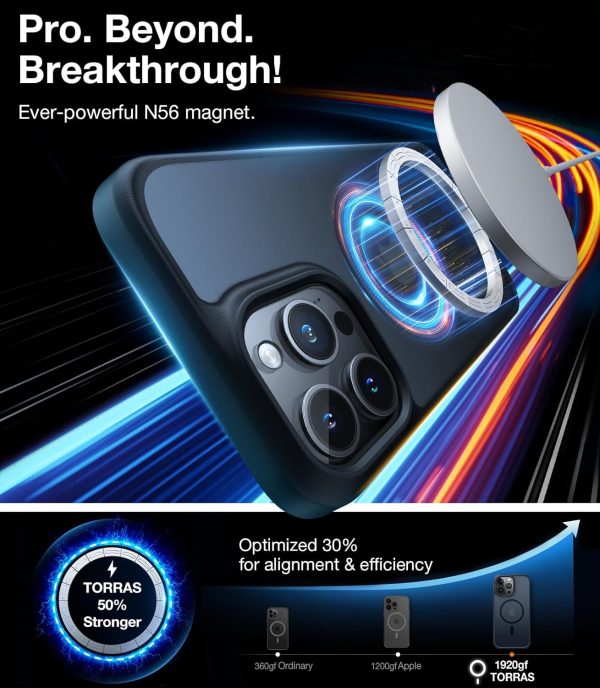 iPhone 15 Pro avec coque Torras Guardian noire et Magsafe, montrant la force du puissant aimant N56 et l'optimisation de l'alignement.
