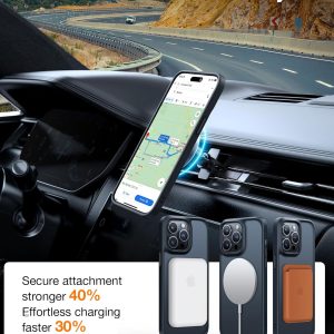 Coque Torras Guardian noire pour iPhone 15 Pro avec Magsafe, affichant une fixation sécurisée et un chargement rapide dans une voiture.