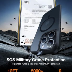 Coque Torras Guardian pour iPhone 15 Pro avec technologie Airbag, certifiée pour résistance aux chutes militaires, présentée avec un rapport de test SGS.