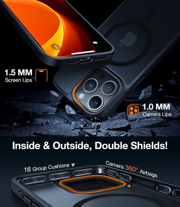 Protection avancée avec la coque Torras pour iPhone 15 Pro : renforts d'écran de 1,5 mm et de caméra de 1,0 mm, plus coussins d'air internes.