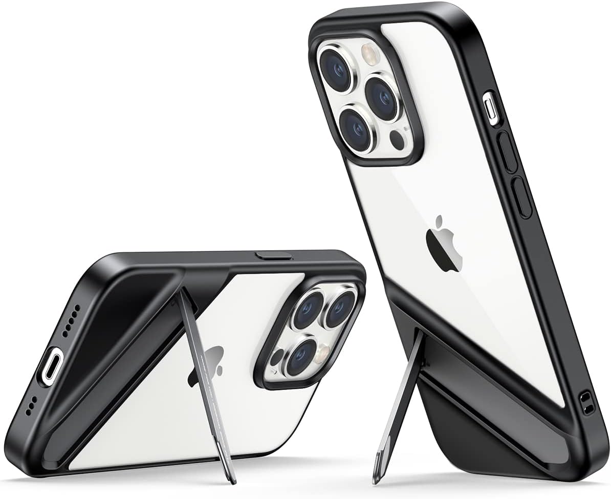 Coque UGREEN pour iPhone 14 Pro Max noire avec béquille métallique dépliable, offrant un soutien stable en modes portrait et paysage.