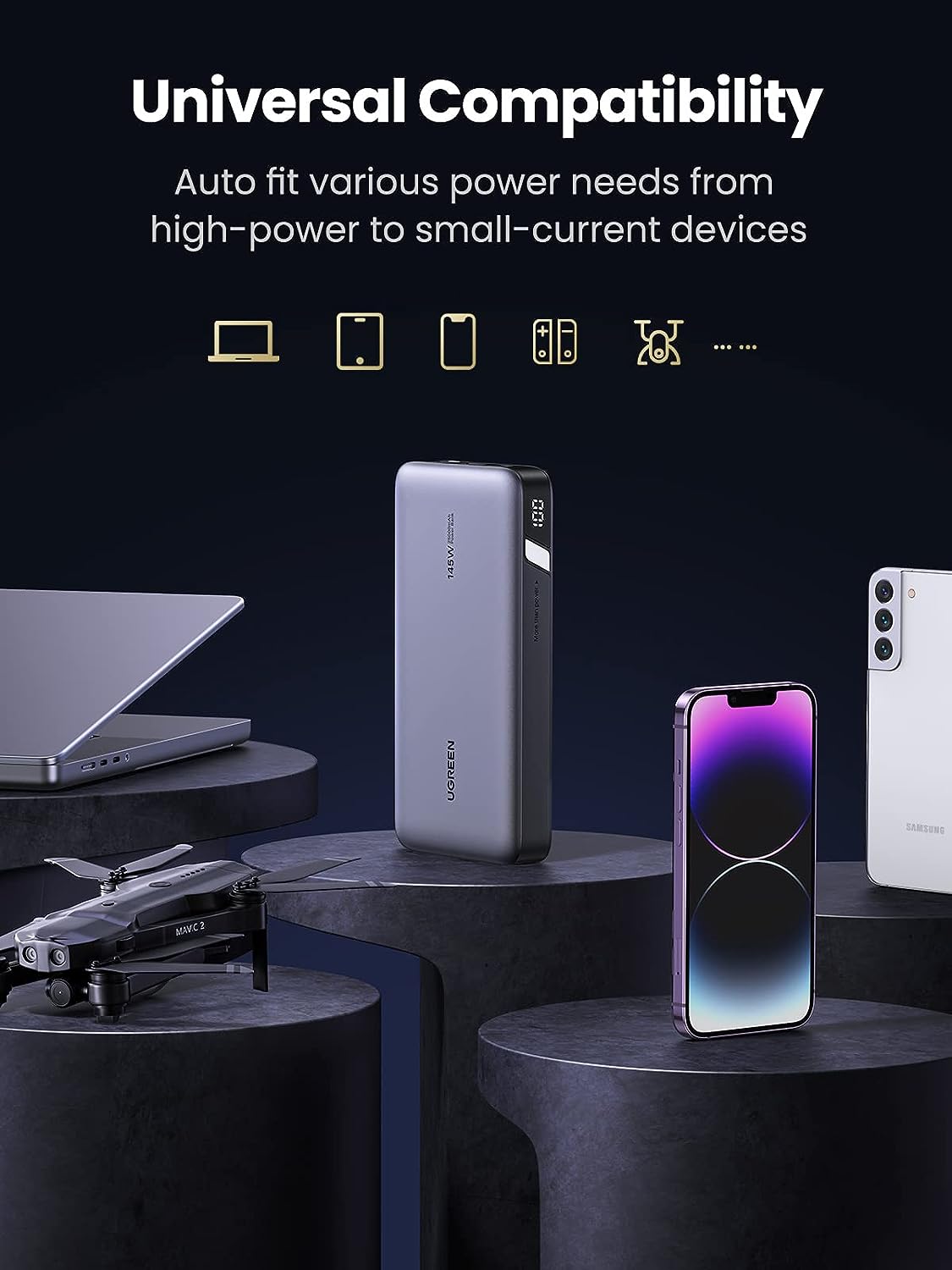 Power Bank 25000mAh, 145W – Ugreen compatible avec ordinateurs portables, smartphones, tablettes, drones, et autres appareils.