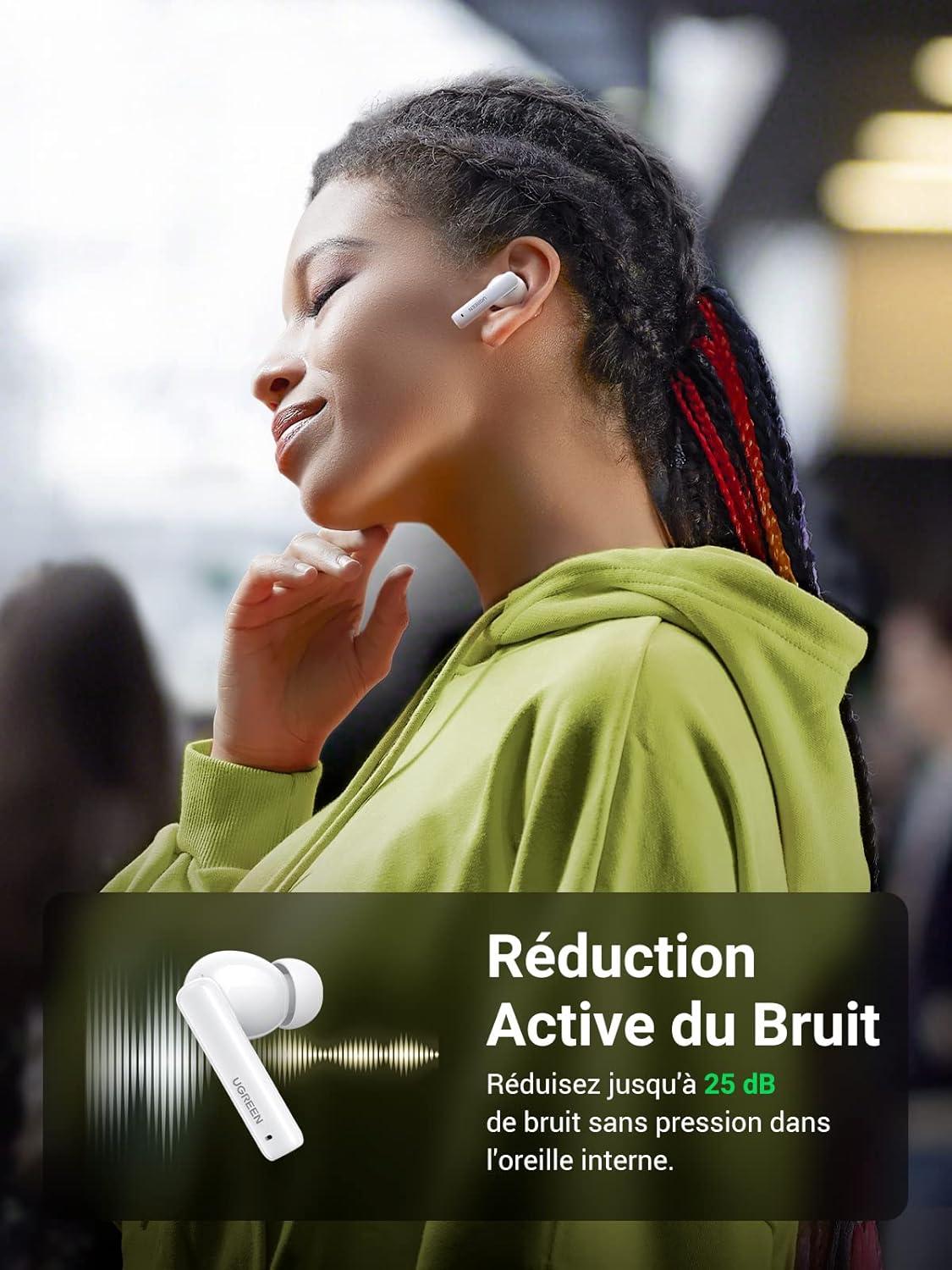 UGREEN HiTune T3 Écouteur Bluetooth sans Fil Réduction Active de Bruit ANC Oreillette Bluetooth 5.2 avec Contrôle Tactile, 24H Autonomie, USB C Charge Rapide (Blanc) – 1