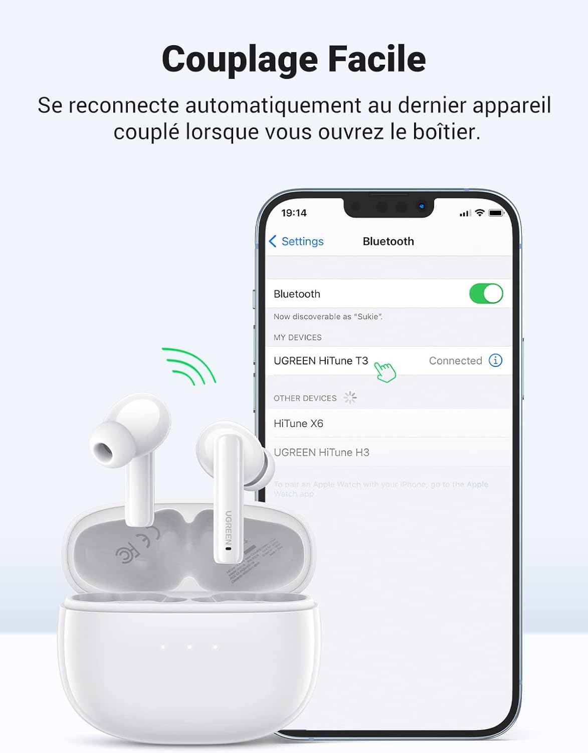 UGREEN HiTune T3 Écouteur Bluetooth sans Fil Réduction Active de Bruit ANC Oreillette Bluetooth 5.2 avec Contrôle Tactile, 24H Autonomie, USB C Charge Rapide (Blanc) – 4