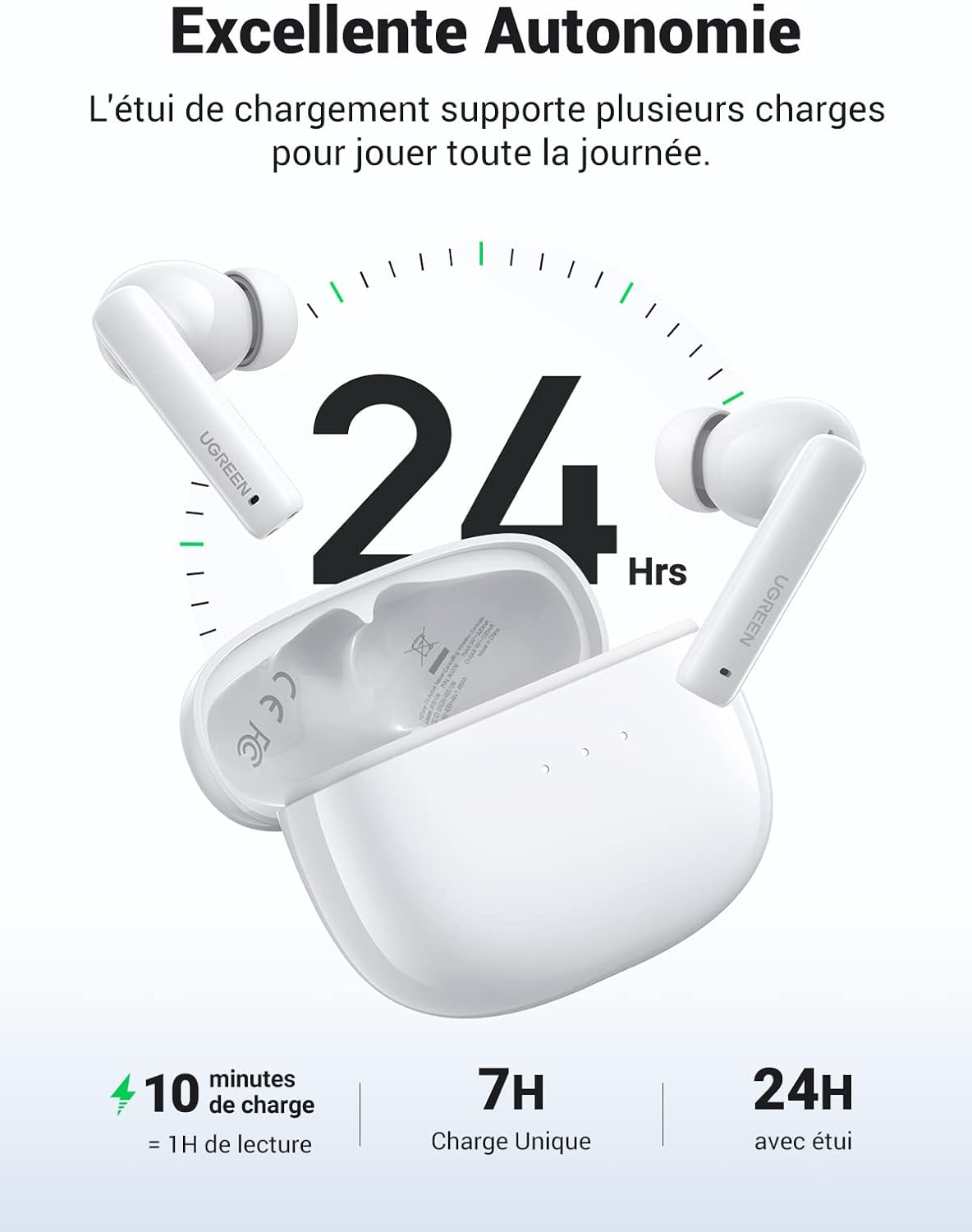 UGREEN HiTune T3 Écouteur Bluetooth sans Fil Réduction Active de Bruit ANC Oreillette Bluetooth 5.2 avec Contrôle Tactile, 24H Autonomie, USB C Charge Rapide (Blanc) – 5