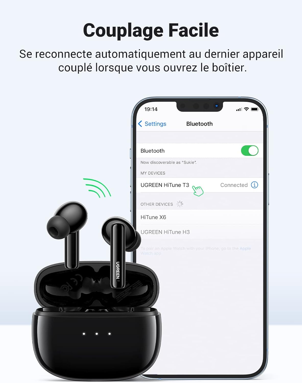 UGREEN HiTune T3 Écouteur Bluetooth sans Fil Réduction Active de Bruit ANC Oreillette Bluetooth 5.2 avec Contrôle Tactile, 24H Autonomie, USB C Charge Rapide (Noir) – 4