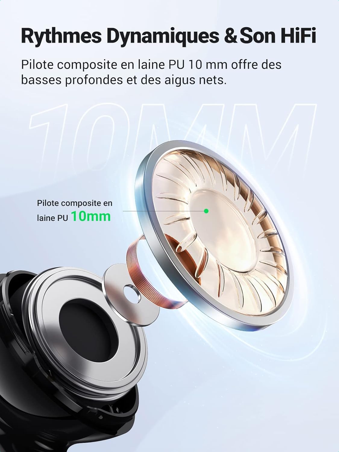 UGREEN HiTune T3 Écouteur Bluetooth sans Fil Réduction Active de Bruit ANC Oreillette Bluetooth 5.2 avec Contrôle Tactile, 24H Autonomie, USB C Charge Rapide (Noir) – 6
