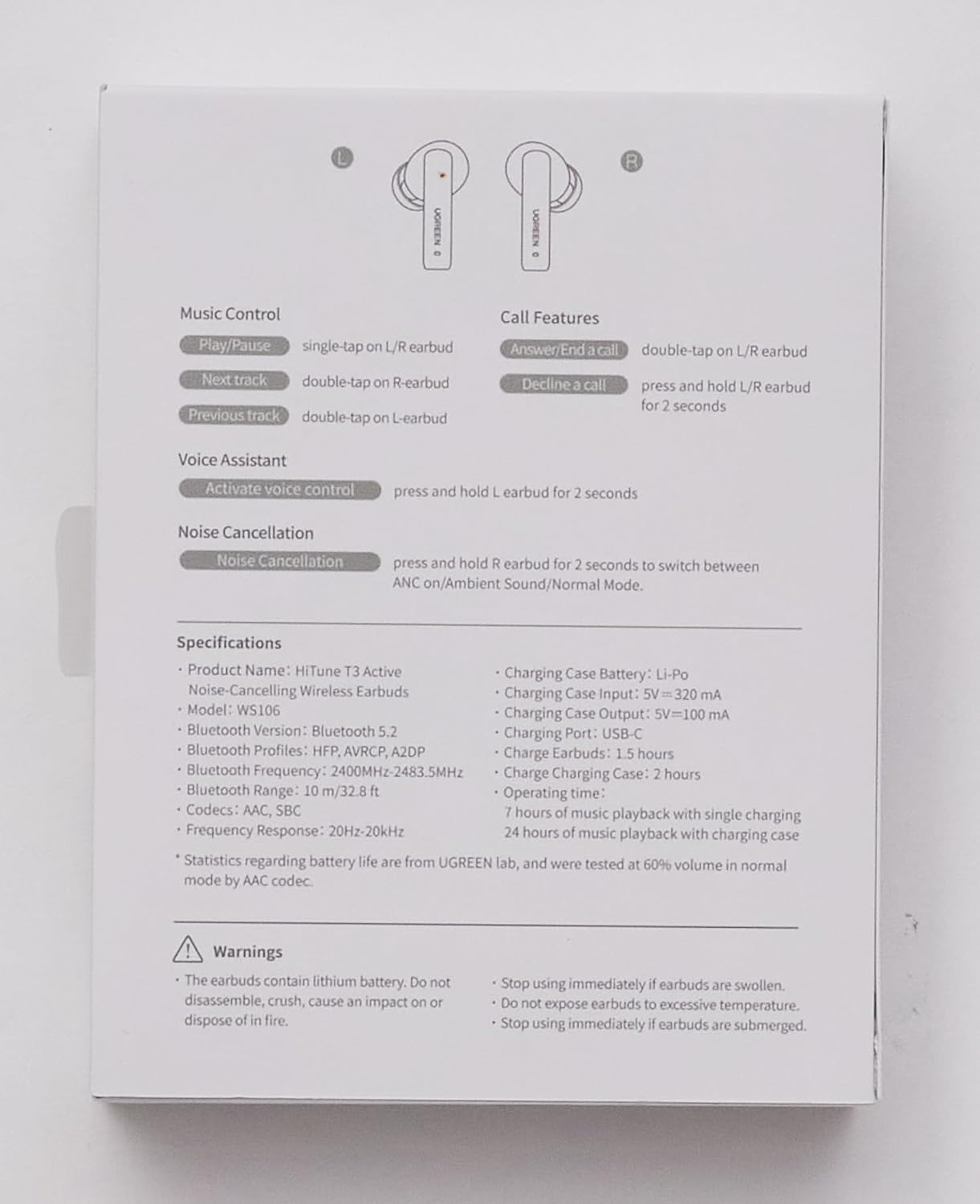 UGREEN HiTune T3 Écouteur Bluetooth sans Fil Réduction Active de Bruit ANC Oreillette Bluetooth 5.2 avec Contrôle Tactile, 24H Autonomie, USB C Charge Rapide (Noir) – 9