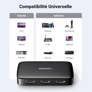 Commutateur(Switch) HDMI 4K 30Hz, 3 entrées 1 sortie 1080P 60Hz 3D avec télécommande IR -  Ugreen – Image 6