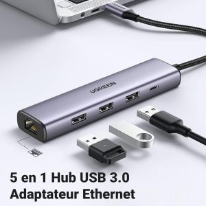 Adaptateur (Hub) USB 3.0 vers 3 Ports USB 3.0, RJ45 et 1 port USB-C  - Ugreen – Image 3