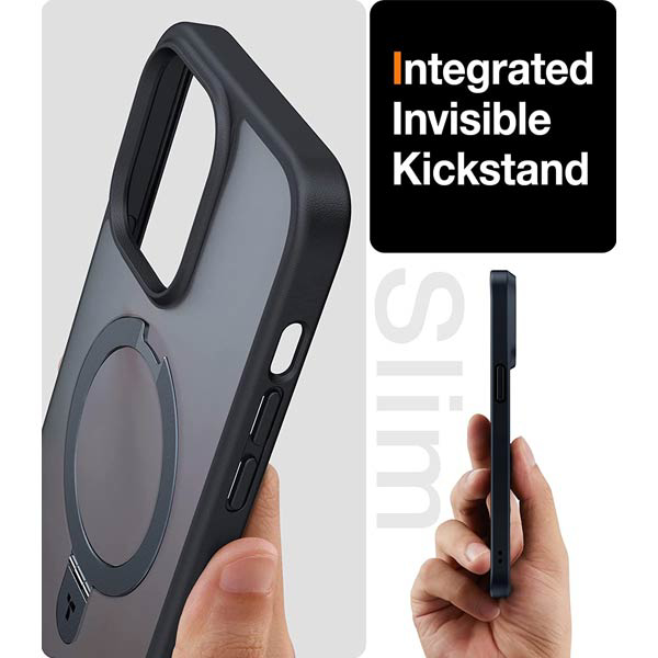 Coque pour iPhone 15 Pro Max Torras UPRO Ostand montrant la béquille intégrée invisible et le profil ultra-mince.