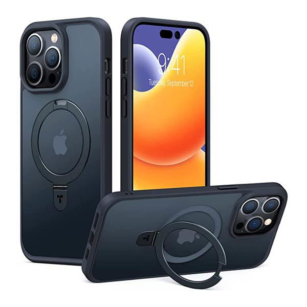 Coque magnétique noire compatible avec Magsafe pour iPhone 15 Pro Max avec un support intégré de la marque Torras UPRO Ostand, affichée en vue avant et arrière.