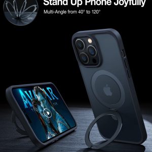 Coque magnétique pour iPhone 15 Pro Max Torras UPRO Ostand avec support, montrée sous différents angles sur un fond sombre.
