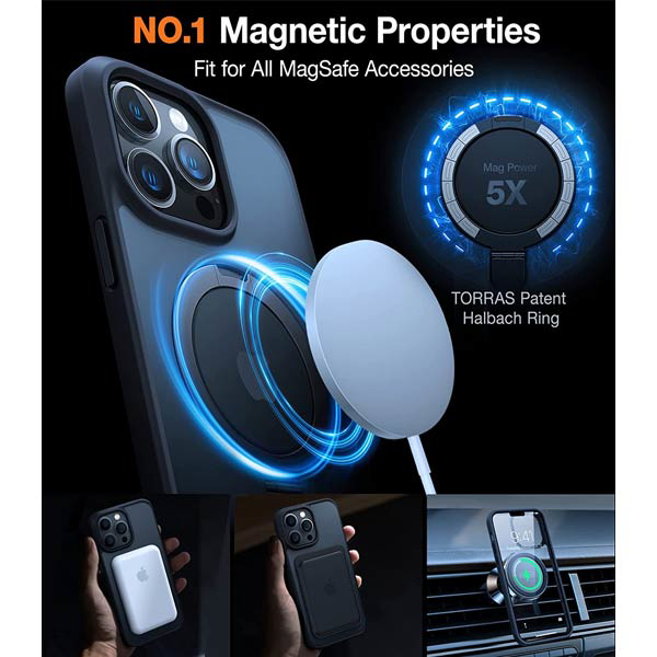 Coque pour iPhone 15 Pro Max Torras UPRO Ostand montrant ses propriétés magnétiques avec accessoires Magsafe et anneau Halbach breveté.