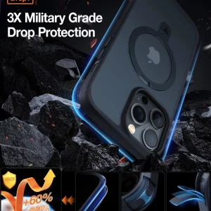 Protection triple niveau militaire pour iPhone 15 Pro Max avec la coque Torras UPRO Ostand, affichant la technologie ShockMAT™ et des airbags aux quatre coins.