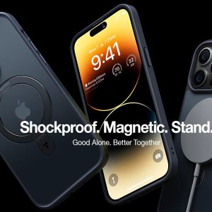 Trois vues de la coque pour iPhone 15 Pro Max Torras UPRO Ostand montrant sa résistance aux chocs, ses propriétés magnétiques et sa fonction de support.