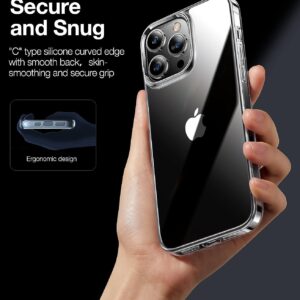 Main tenant un iPhone 15 Pro Max avec la coque Torras Diamond Clear, illustrant le bord incurvé en silicone de type 'C' pour une prise ergonomique et un dos lissant pour la peau.