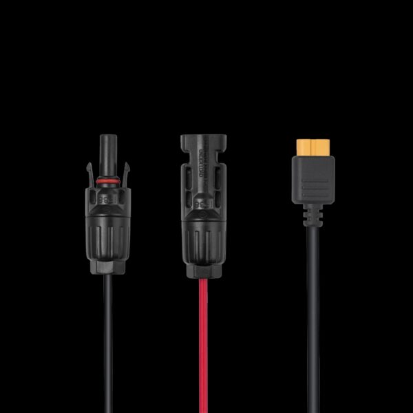Câble solaire à XT60i 3.5m EcoFlow avec connecteurs noir et orange sur fond noir.