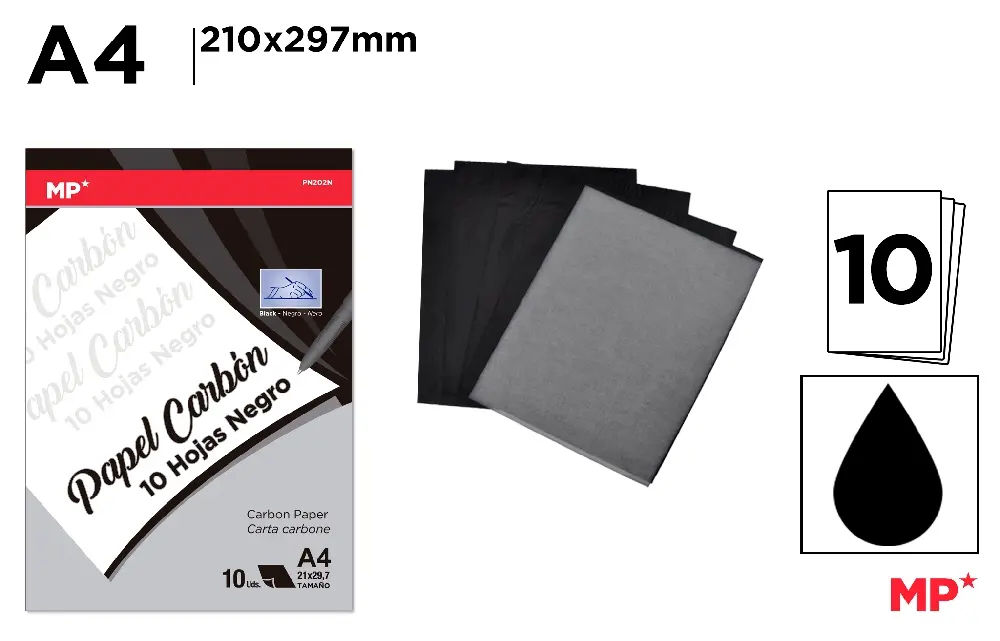 PAPIER CARBONE NOIR 10 FEUILLES PN202N