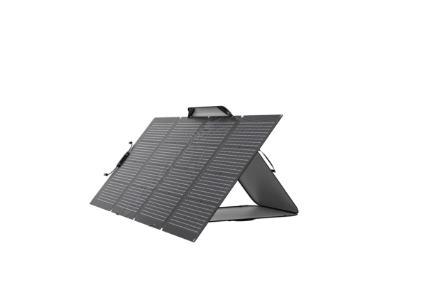 Panneau solaire bifacial portable 220W EcoFlow avec support autonome et inclinaison réglable.