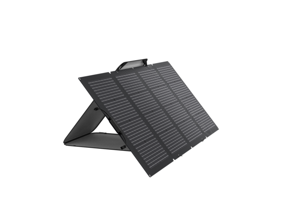 Panneau solaire bifacial portable 220W EcoFlow avec support autonome.