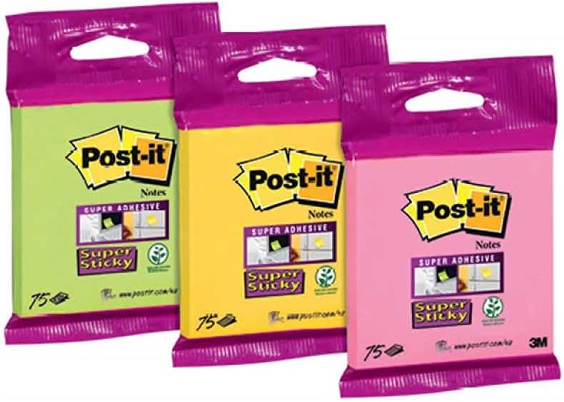 Post-it 75 feuilles, couleurs assorties – ultra jaune, vert néon et rose fuchsia – 3M