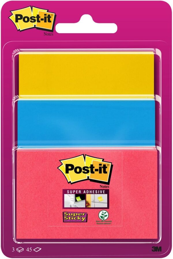 Post-it Notes Super Sticky, Couleurs Assorties, Tailles Assorties, 76 mm x 76 mm, 45 Feuilles - 3M