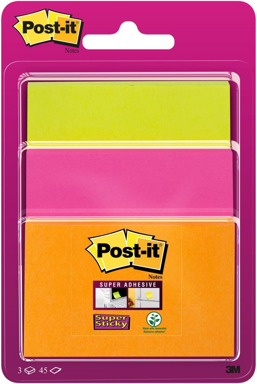 Post-it Notes Super Sticky, Couleurs Assorties, Tailles Assorties, 76 mm x 76 mm, 45 Feuilles – 3M