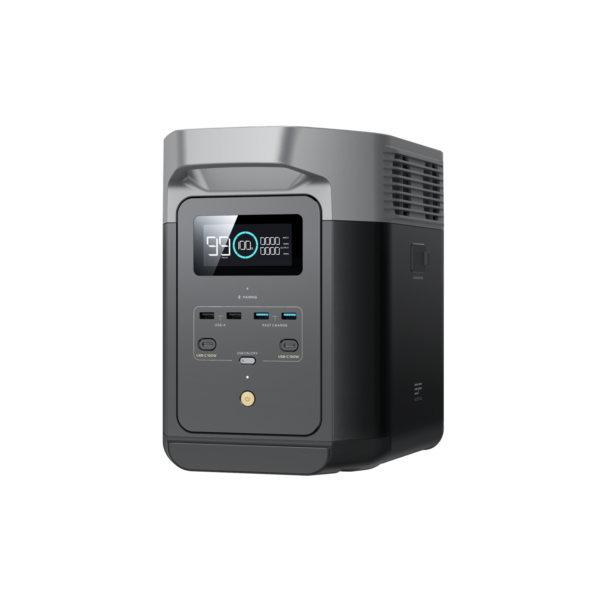 Station électrique portable 1024Wh EcoFlow DELTA 2 Station électrique portable 1024Wh EcoFlow DELTA 2 avec écran d'affichage et plusieurs ports de chargement.